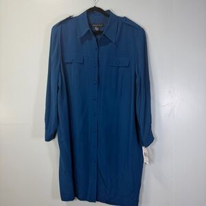 August Silk Woman’s Teal Silk Long Sleeve Button Down Dress Sz 22W NWT